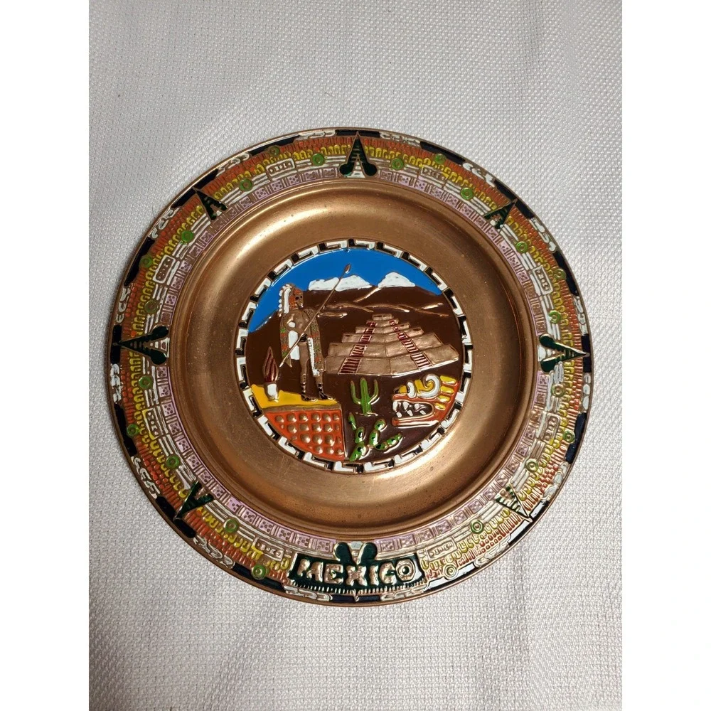 Vtg Mexico Copper Enamel Souvenir Wall Plaque Mayan Aztec Pyramid Hand Painted